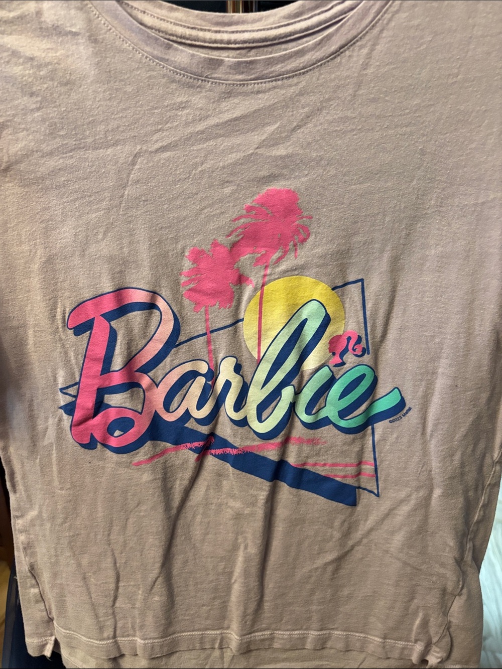 Barbie Beige Graphic Tee with Pink & Teal Logo